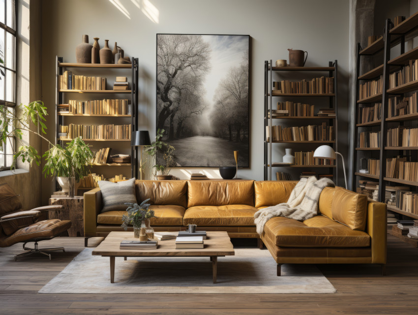 Living room background with bookshelf library