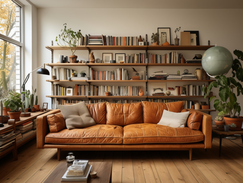 Living room background with bookshelf library