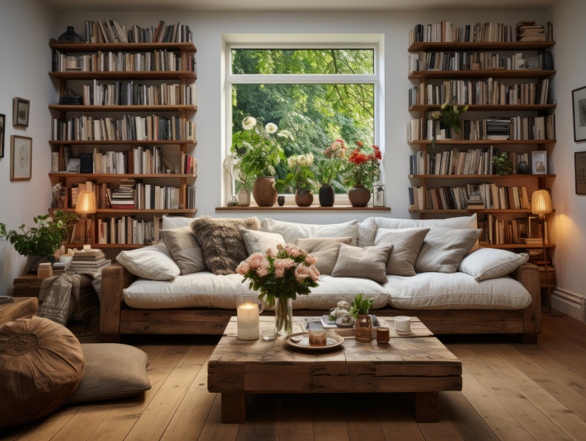 Living room background with bookshelf library