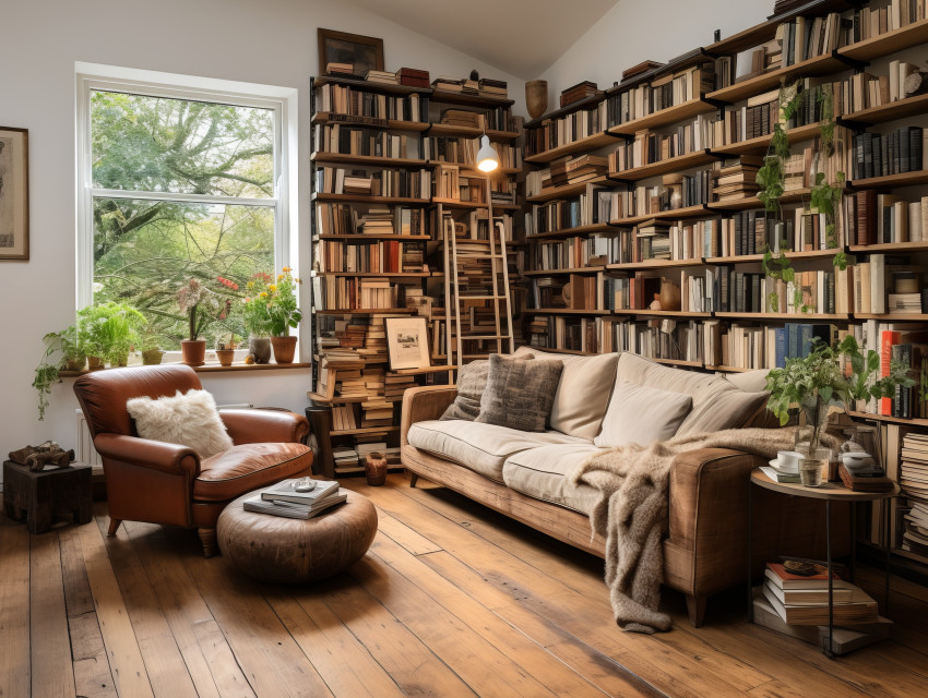 Living room background with bookshelf library