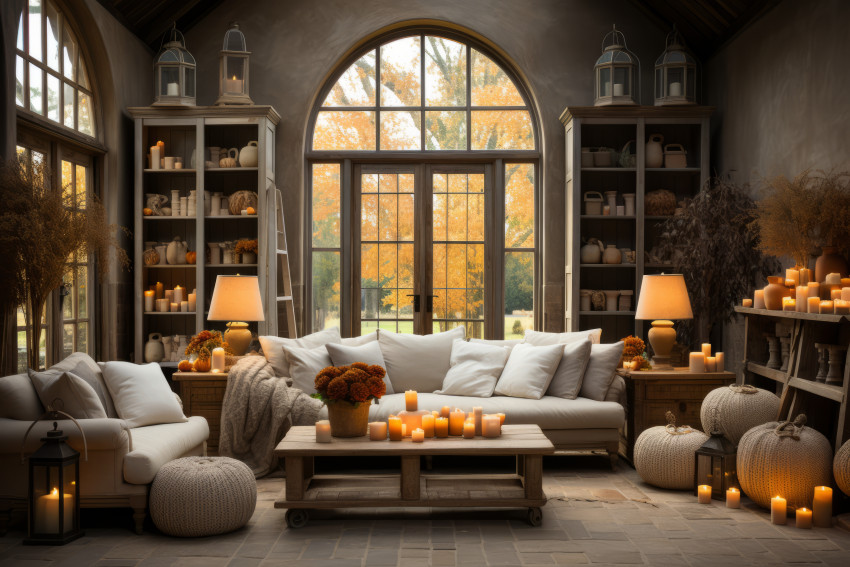 Living room decorated for Thanksgiving