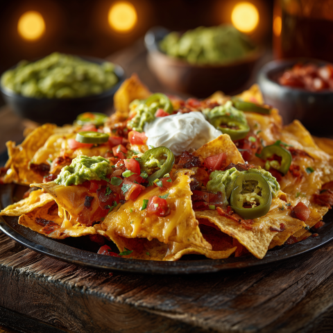 Loaded Nachos with Guacamole and Jalapeños