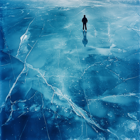 Lone Figure Standing on Frozen Lake