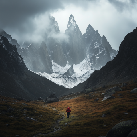 Lone Hiker Approaches Dramatic Mountain Peaks