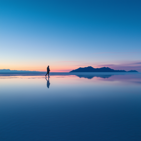 Lone Traveler Walking on Salt Flat at Sunset
