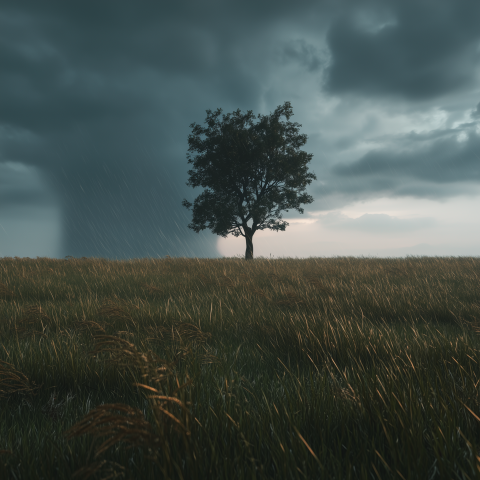 Lone Tree in Rainstorm Over Field