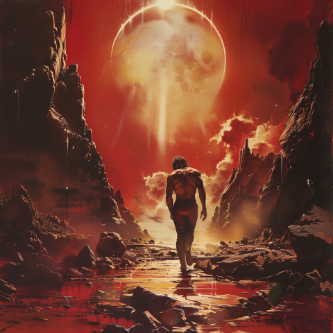 Lone Warrior Walks Under Blood Red Sky