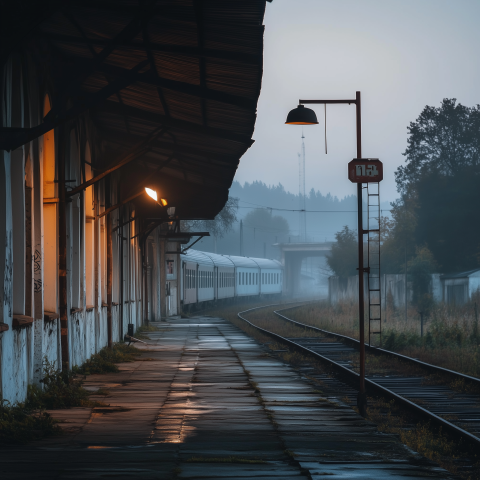 Lonely Train Station on a Foggy Morning