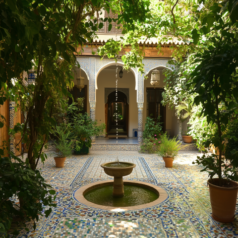 Lush Courtyard with Mosaic Fountain