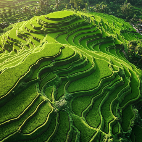 Lush Green Rice Terraces in Mountain Landscape