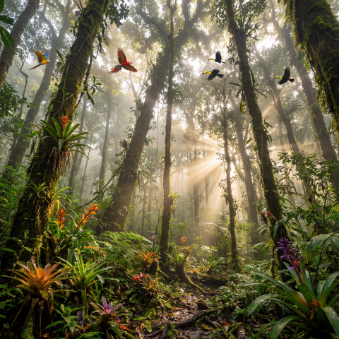 Lush Jungle Scene at Sunrise with Exotic Birds and Mist