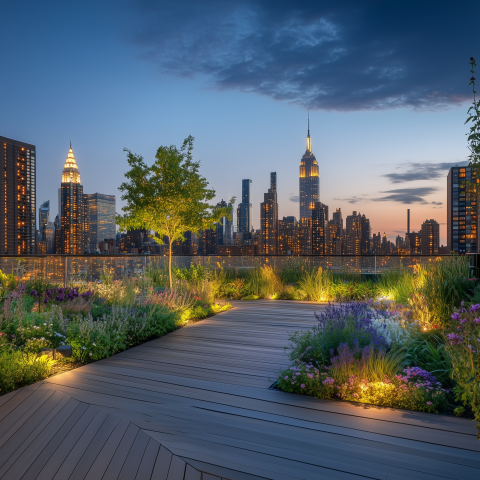 Lush Rooftop Garden Overlooking City Skyline