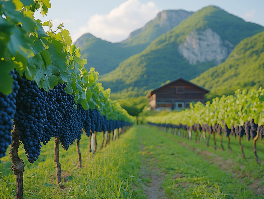 Lush Vineyard with Mountain Cabin View