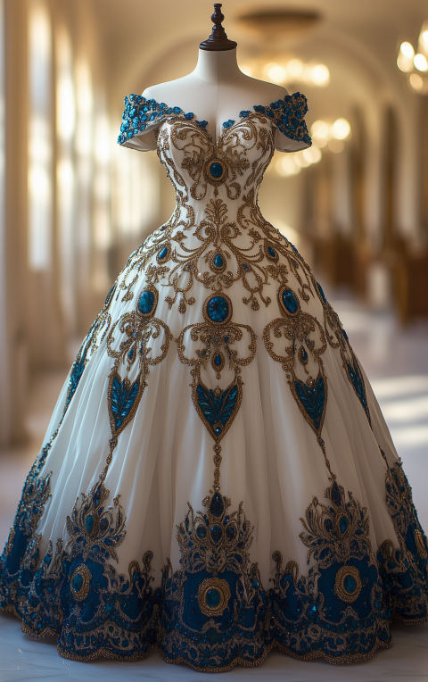 Luxurious Off-Shoulder Wedding Gown with Blue Accents
