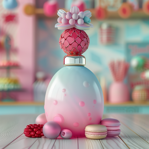 Luxurious Perfume Bottle with Berries and Macarons