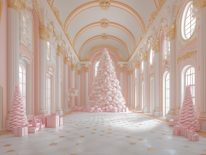 Luxurious Pink Christmas Hall with Trees