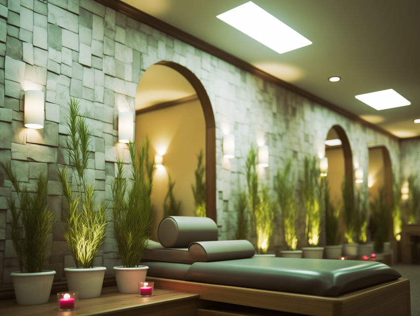 Luxurious Spa Room with Stone Wall and Plants