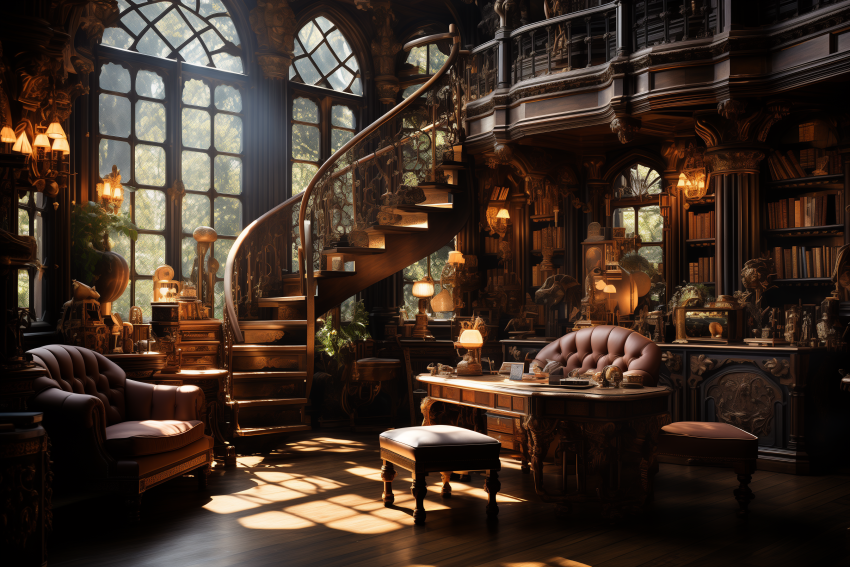 Luxurious Vintage Library with Spiral Staircase