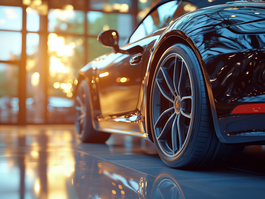 Luxury Black Sports Car in Showroom at Sunset