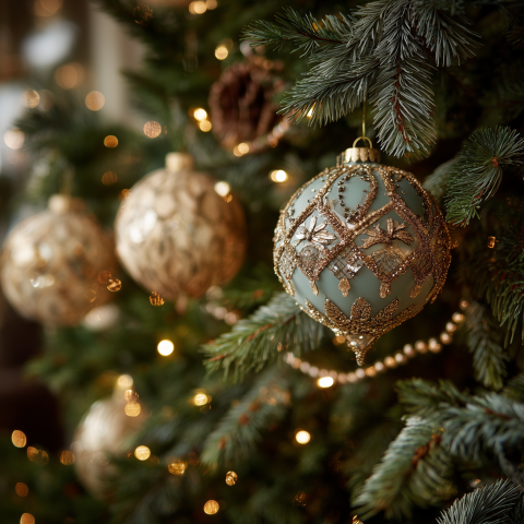 Luxury Christmas Ornaments on Fir Tree