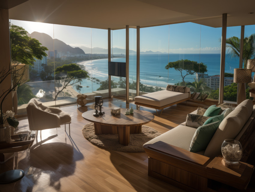 Luxury hotel room light interior overlooking Brazilian beach
