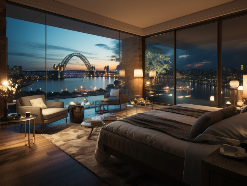 Luxury hotel room light interior overlooking Sydney Harbor