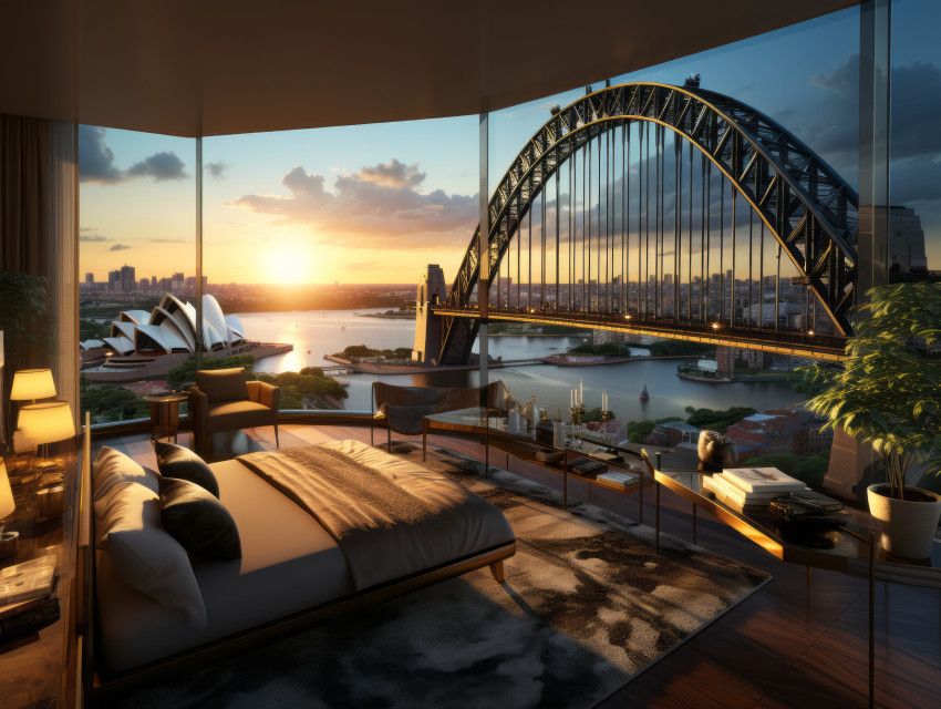 Luxury hotel room light interior overlooking Sydney Harbor
