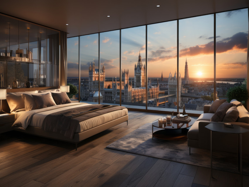 Luxury hotel room overlooking London