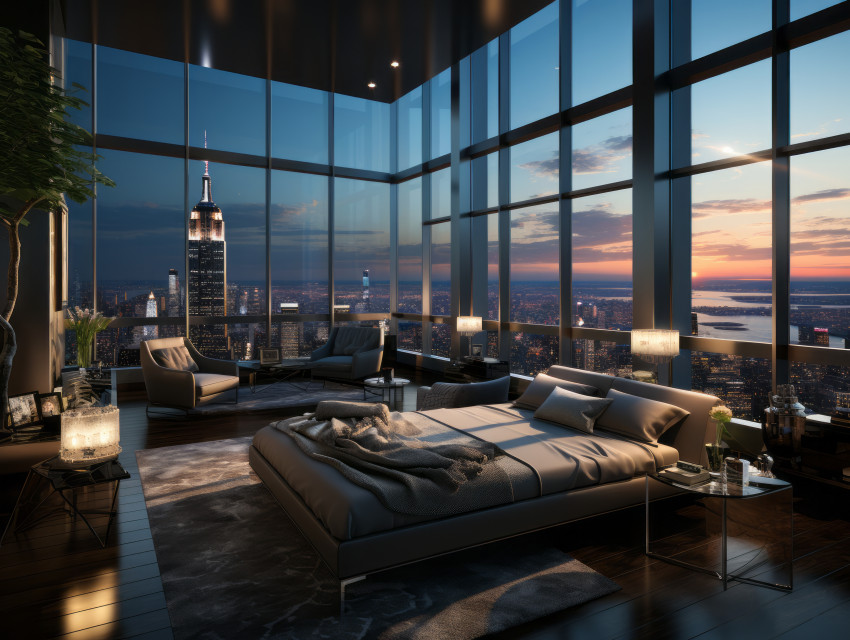 Luxury penthouse hotel room overlooking New York
