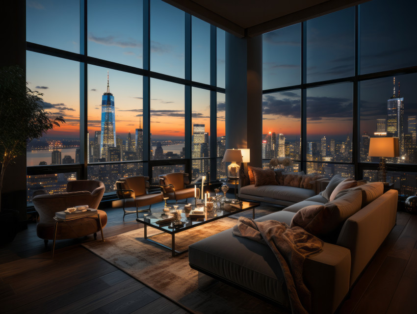Luxury penthouse hotel room overlooking New York