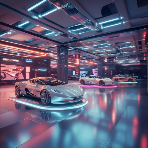 Luxury Sports Cars in Neon Showroom