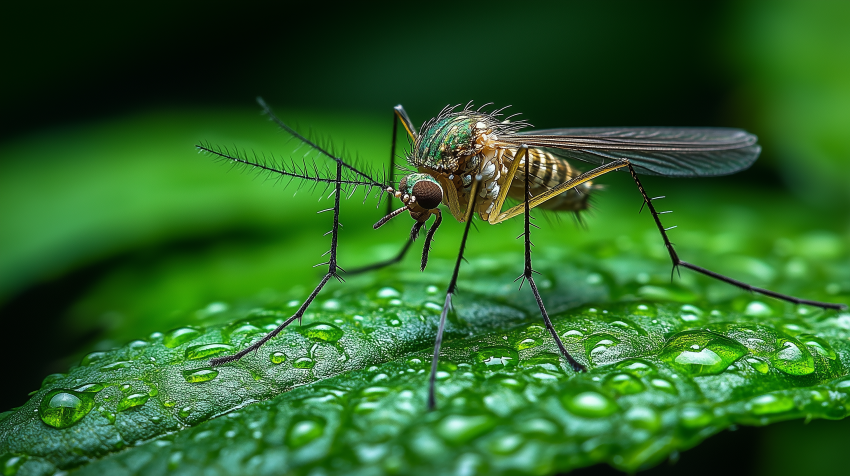 Macro Shot of Mosquito on Dew-Covered Leaf