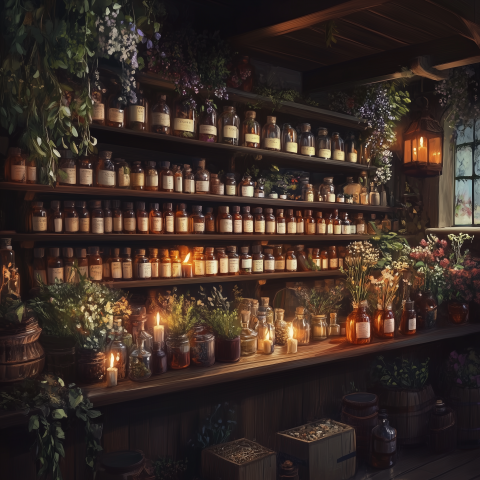 Magical Apothecary with Herb Bottles and Candles