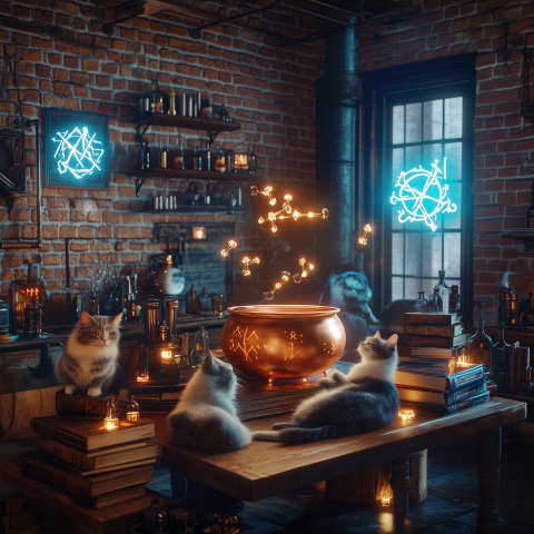 Magical Cats in Alchemist's Potion Workshop