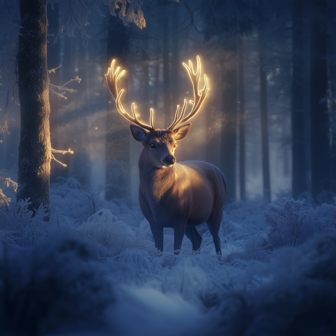 Magical Deer with Glowing Antlers in Snowy Forest