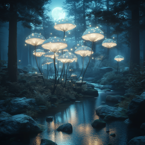 Magical Glowing Mushrooms by Moonlit Stream