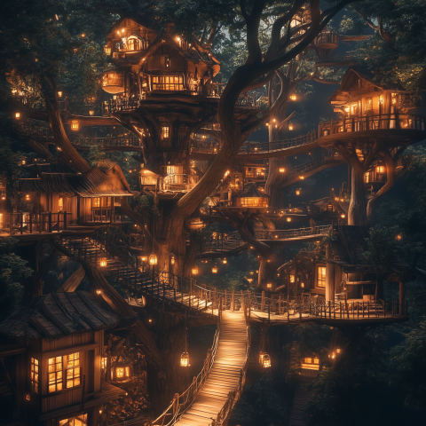 Magical Treehouse Village at Night