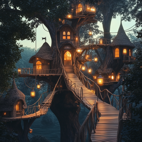 Magical Treehouse Village with Lanterns