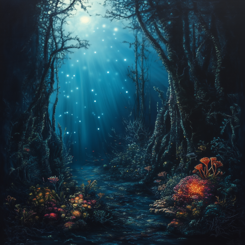 Magical Underwater Forest with Glowing Flora