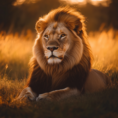 Majestic Lion Resting at Sunset in Grassland