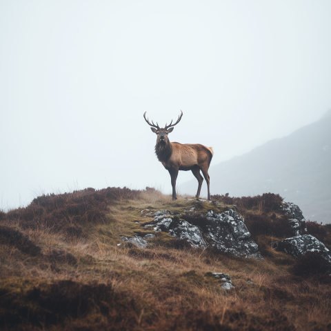 Majestic Stag Standing in Highland Fog