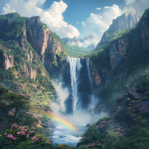 Majestic Waterfall Cascading Through Lush Valley
