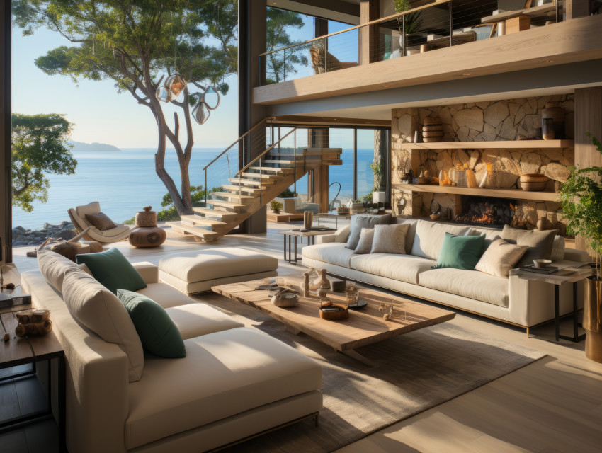 Malibu mansion living room with coastal view