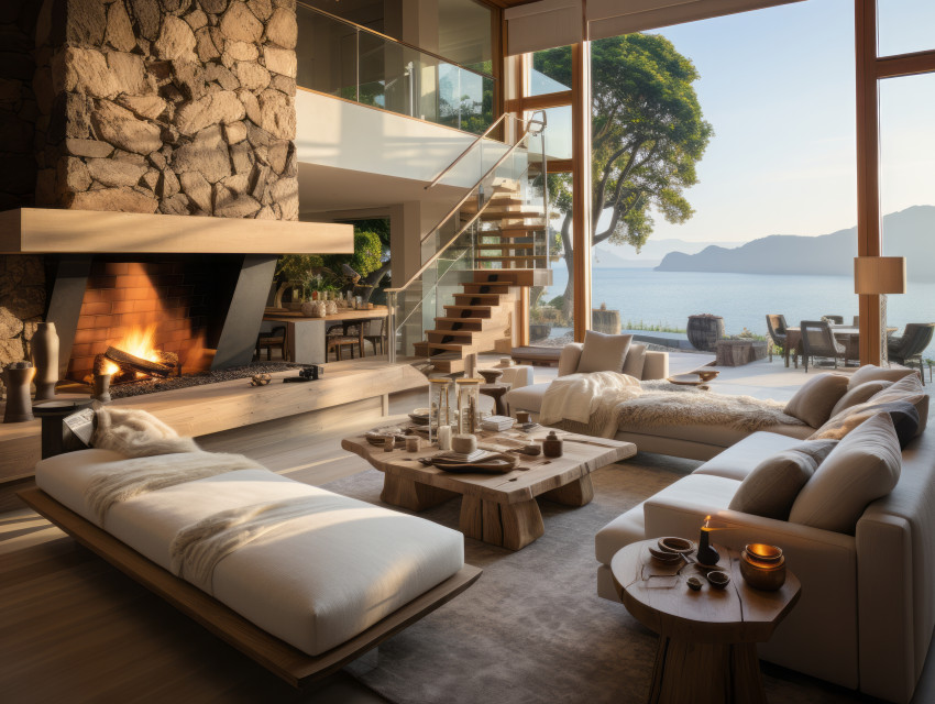 Malibu mansion living room with coastal view