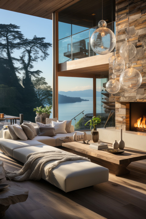Malibu mansion living room with coastal view