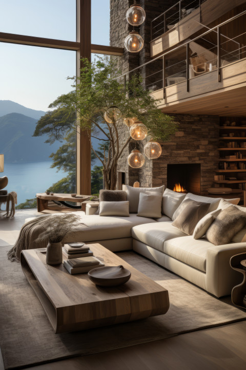 Malibu mansion living room with coastal view