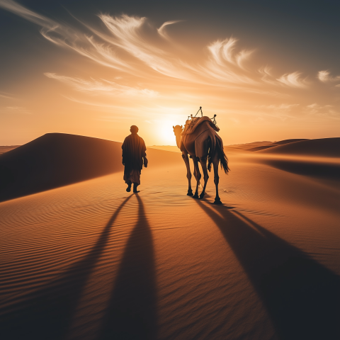 Man and Camel Walking Through Desert Sunset