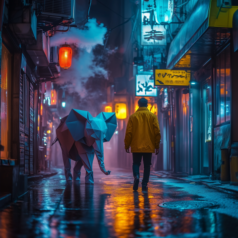 Man and Geometric Elephant in Neon Alley