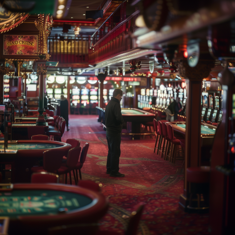 Man in Empty Casino with Red Interiors