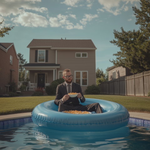 Man in Suit Eating Cereal on Pool Float